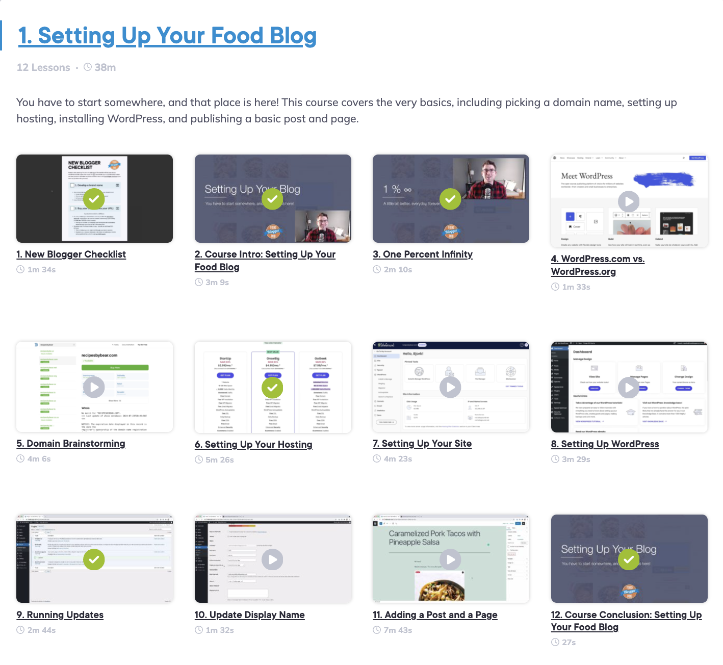 Screenshot from the Setting up Your Food Blog course which shows all the lessons.