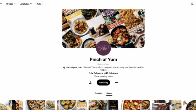 Screenshot of the Pinch of Yum Pinterest page