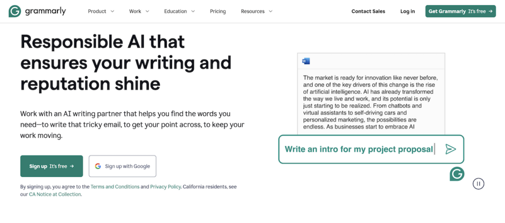 Screenshot of the Grammarly homepage.