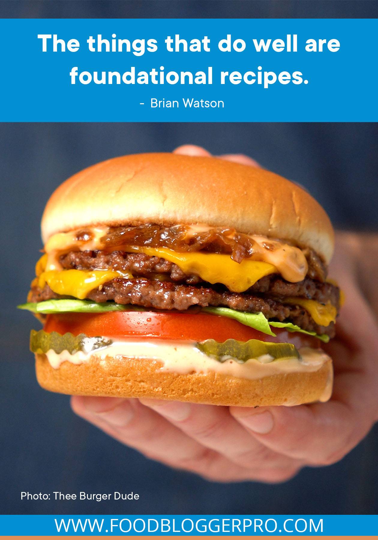 A photograph of Brian Watson's cheeseburger recipe with a quote from his episode of The Food Blogger Pro Podcast that reads: "The things that do well are foundational recipes."