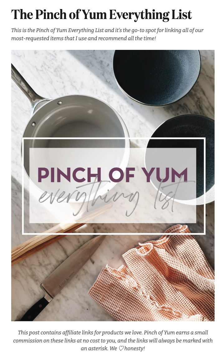 Screenshot from Pinch of Yum showing a blog post where you can shop everything they use