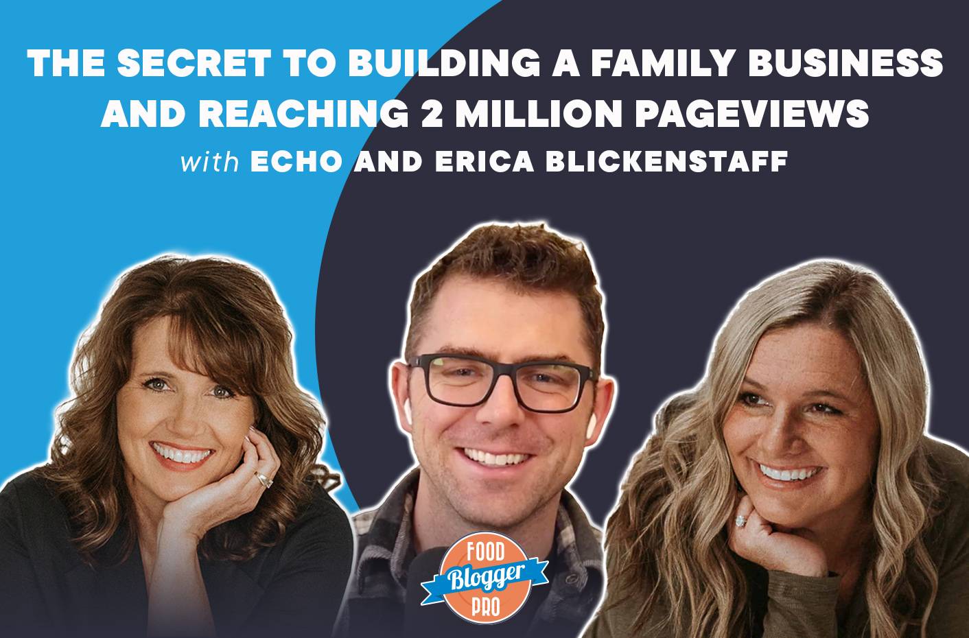 A graphic that contains the headshots of Bjork Ostrom and Echo and Erica Blickenstaff with the title of their podcast episode, “The Secret to Building a Family Business and Reaching 2 Million Pageviews."