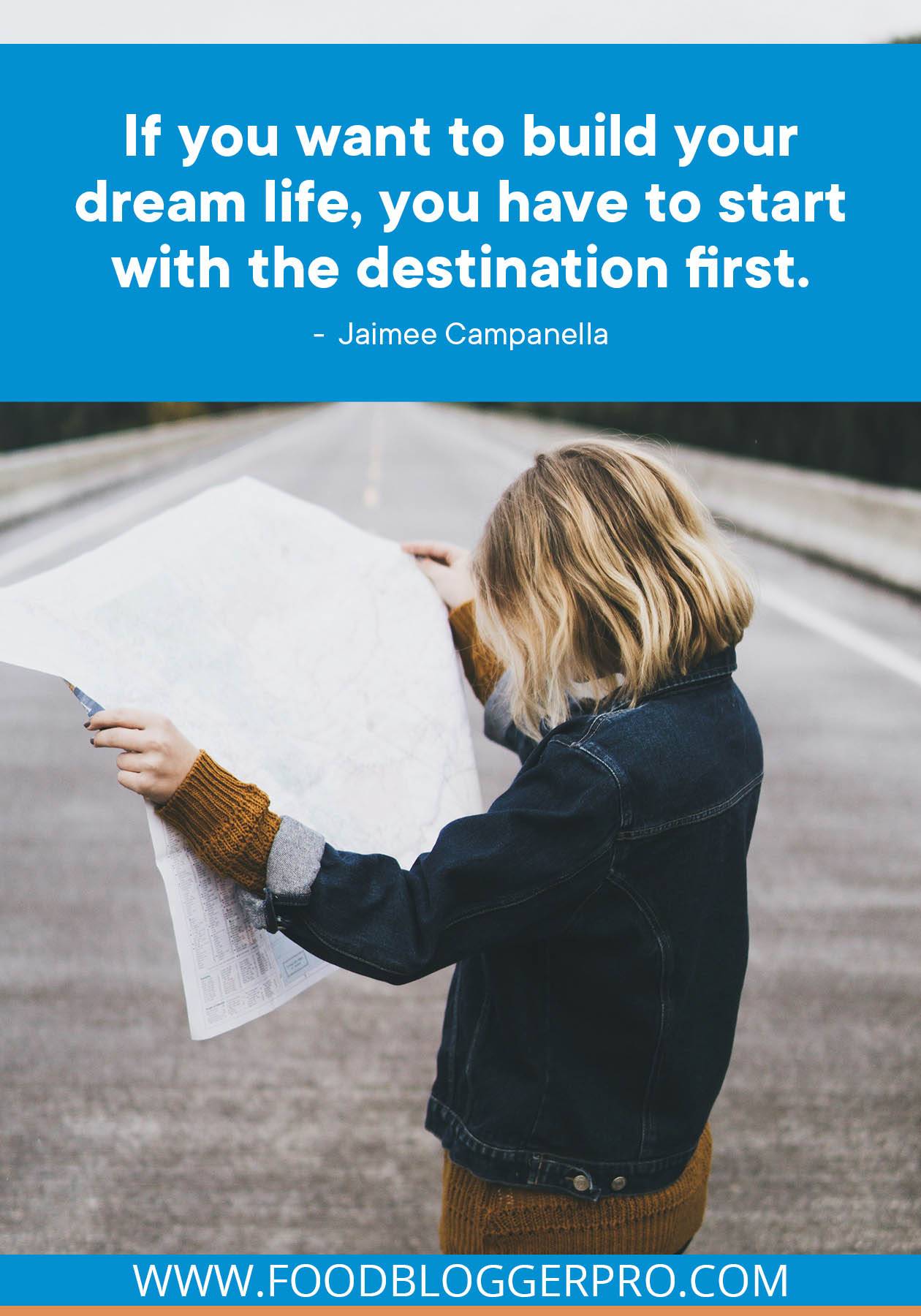 A photograph of a woman reading with a map with a quote from Jaimee Campanella's episode of The Food Blogger Pro Podcast that reads: "If you want to build your dream life, you have to start with the destination first."