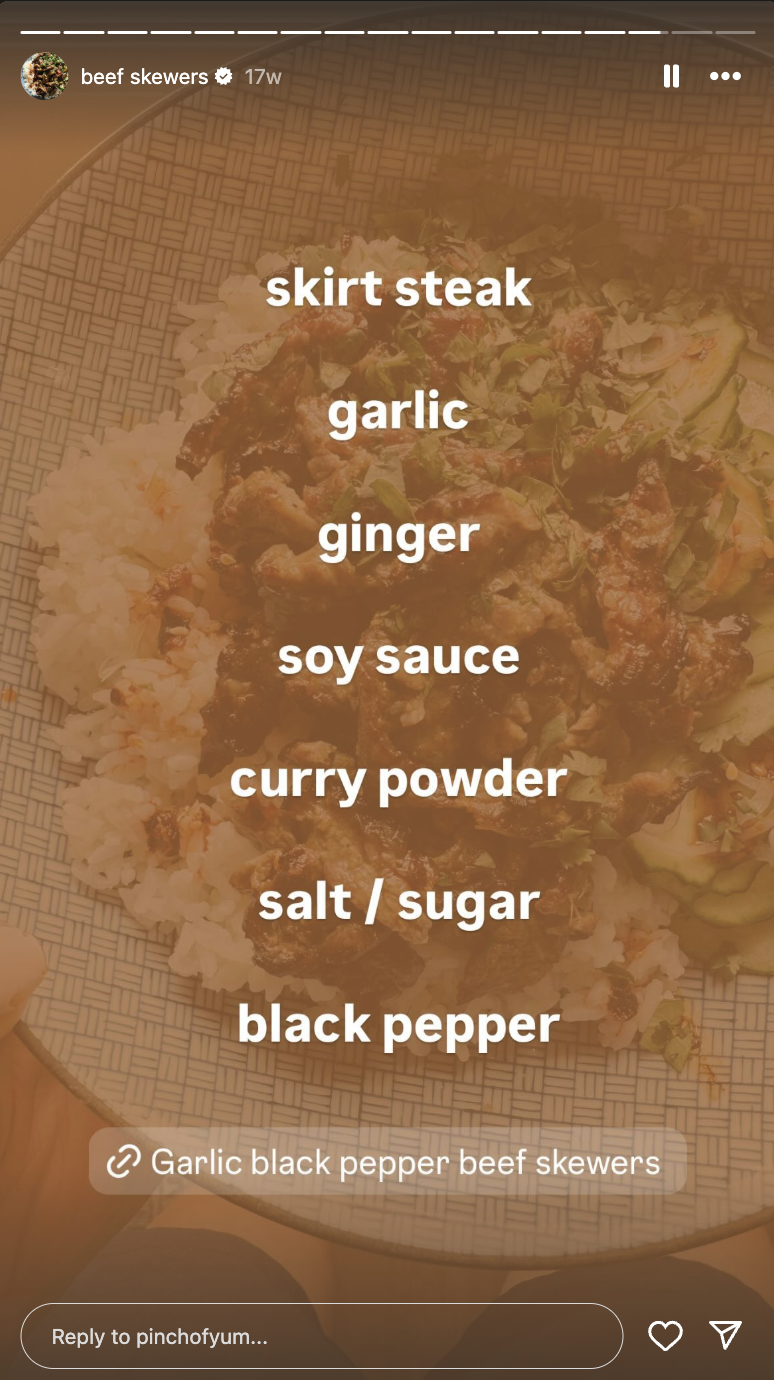 A Pinch of Yum Instagram Story with recipe ingredients.