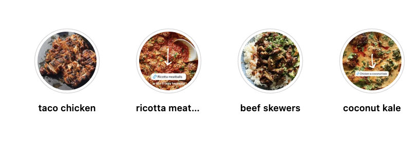 Instagram story highlights with recipe titles