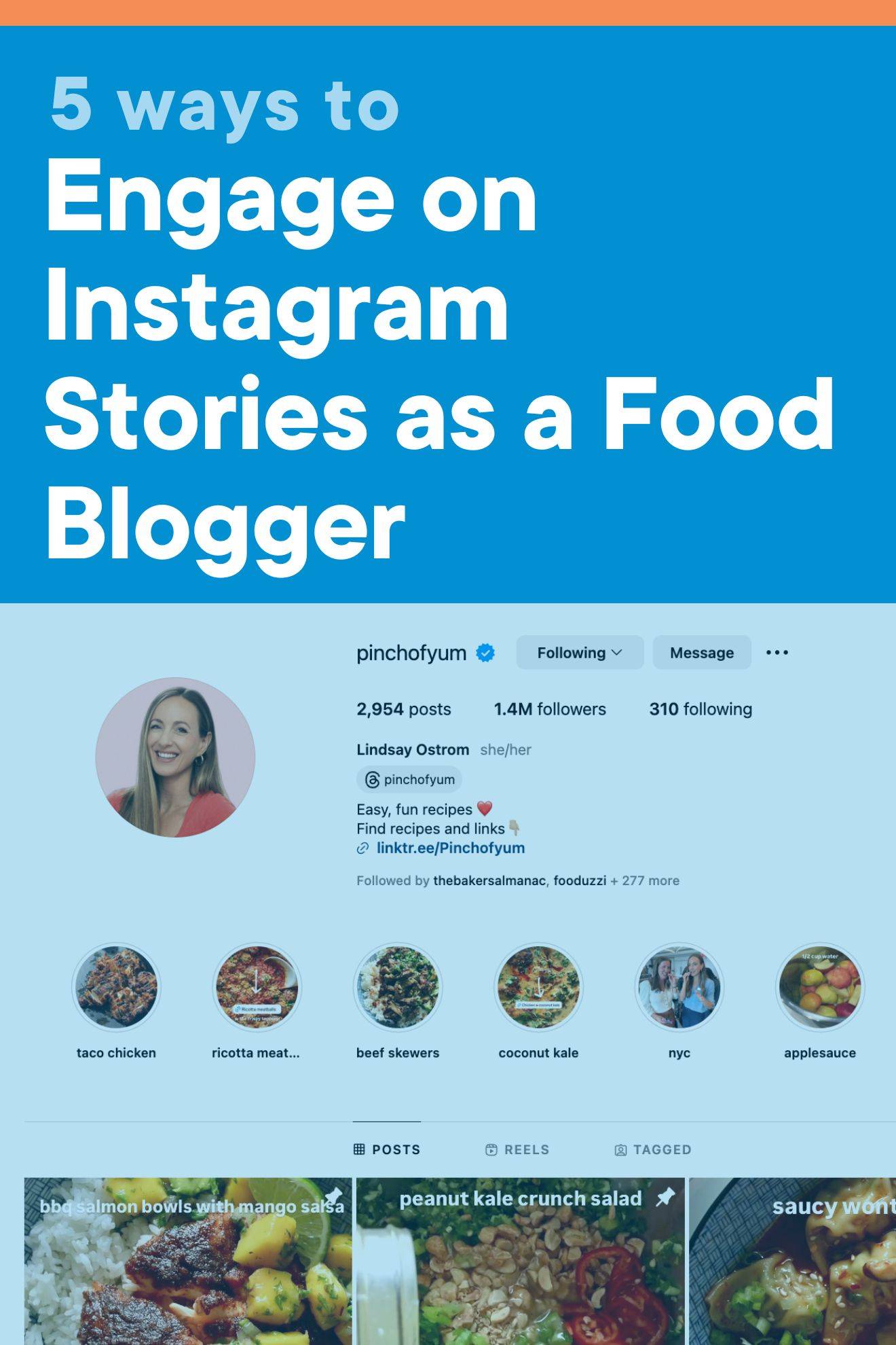 'How to Engage on Instagram Stories as a Food Blogger' Text overlaid on a blue background with an image of an IG profile below