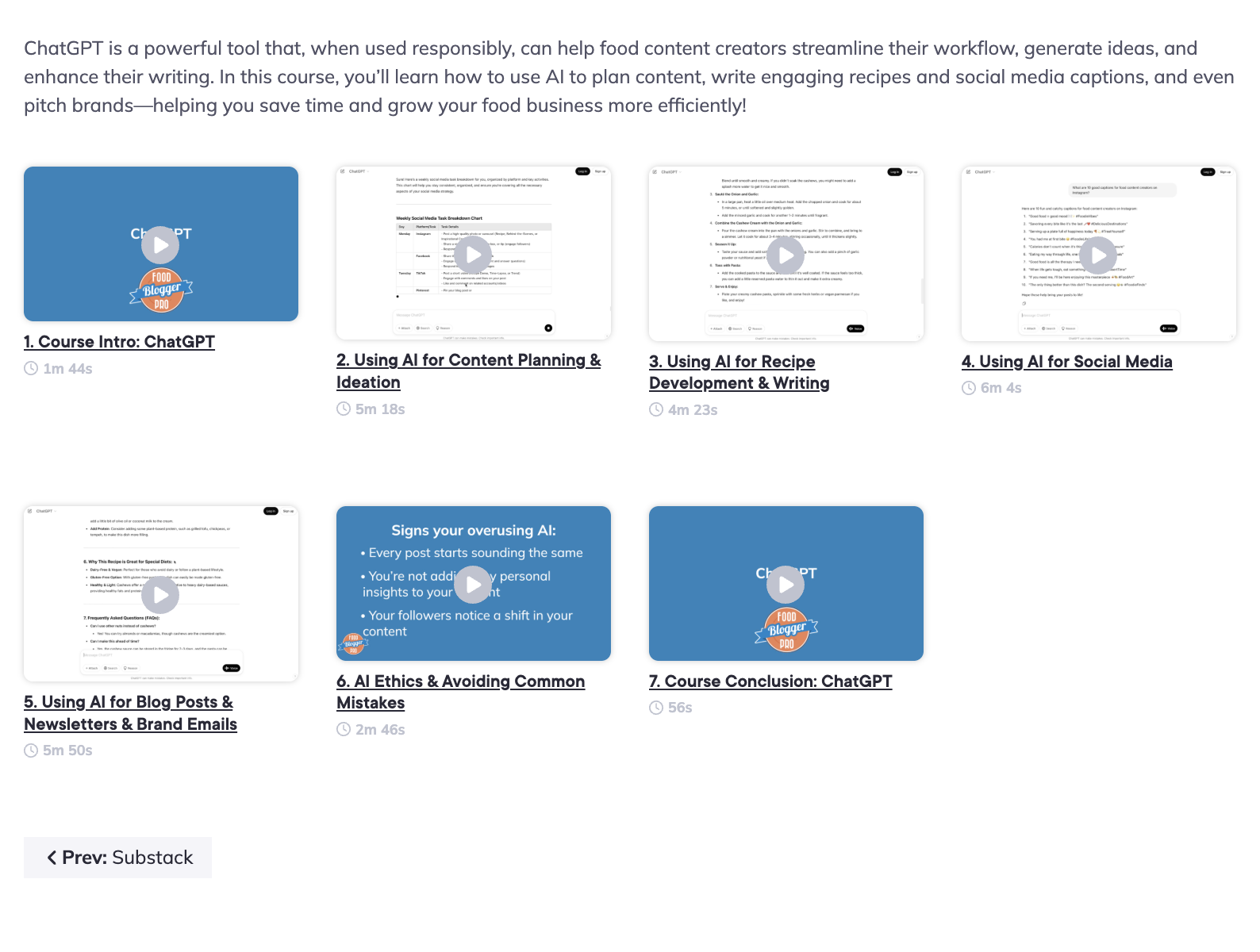 Overview of the lessons for the ChatGPT course. 